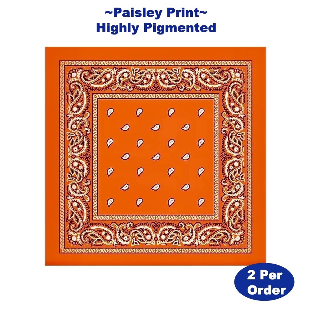 Paisley Bandana Scarf Head Wrap Face Covering 22" Highly Pigmented 2PK Orange